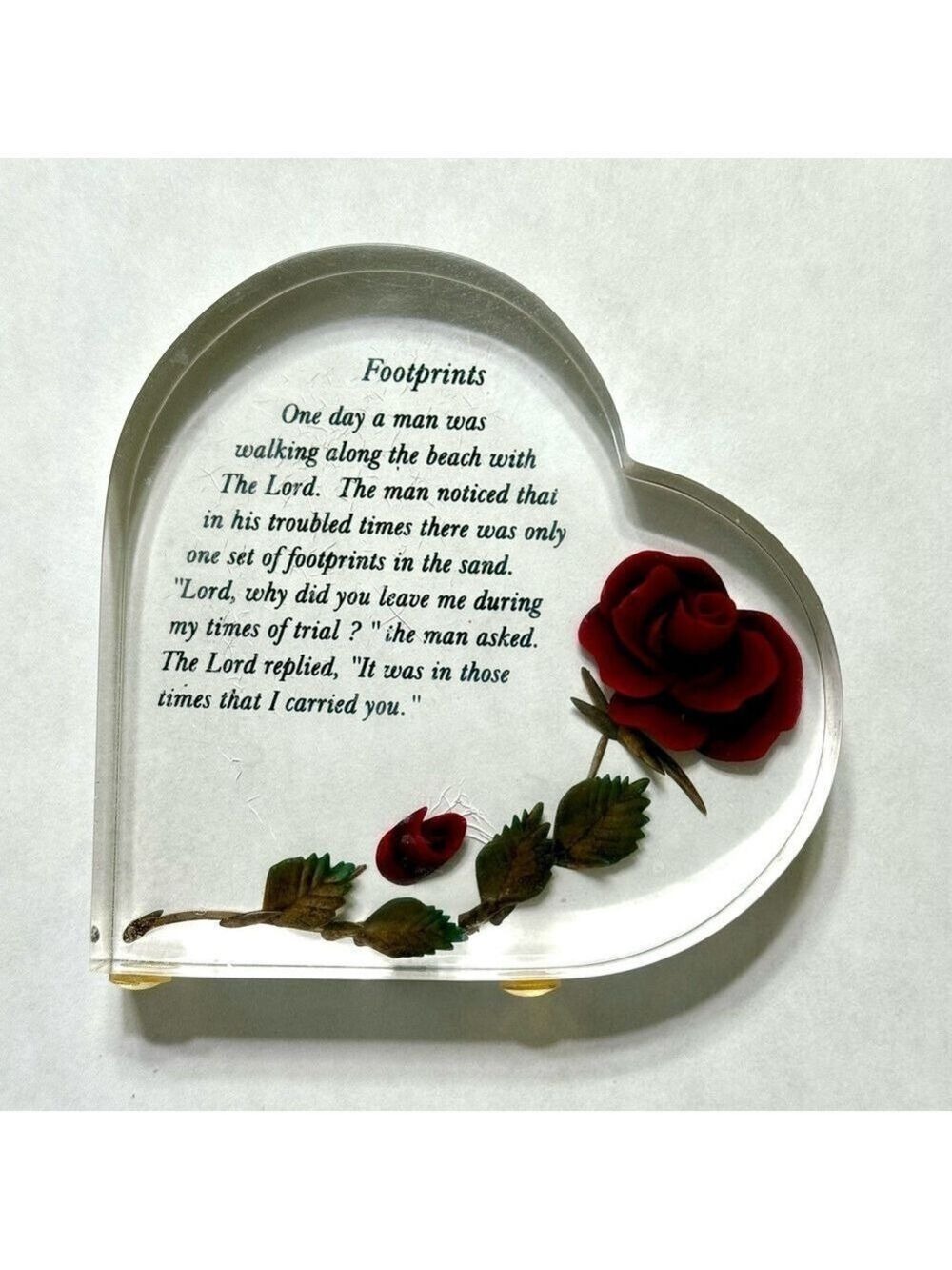 Vintage Valentine Lovecore Bircraft Lucite Heart Footprints Poem with Red Rose